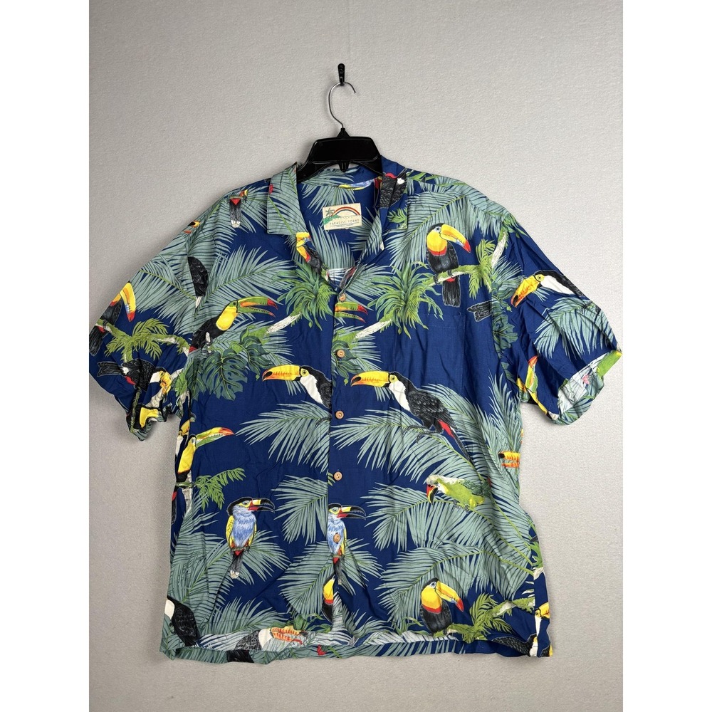 Paradise Found Shirt Mens Extra Large Blue Toucans Hawaiian Aloha Button Up Palm